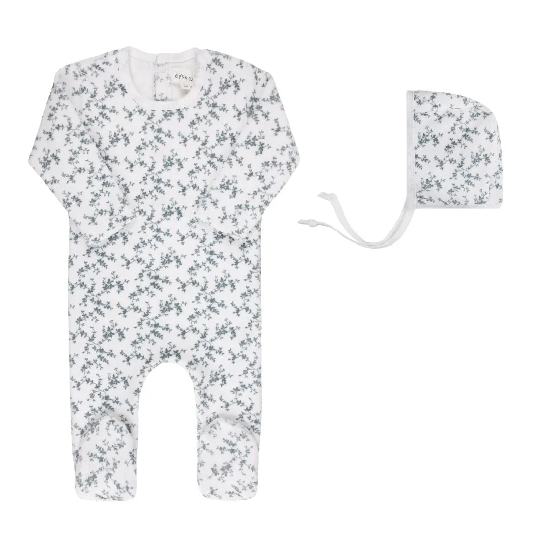 Ely's & Co Blue on Ivory Velour Vine Footie + Bonnet
