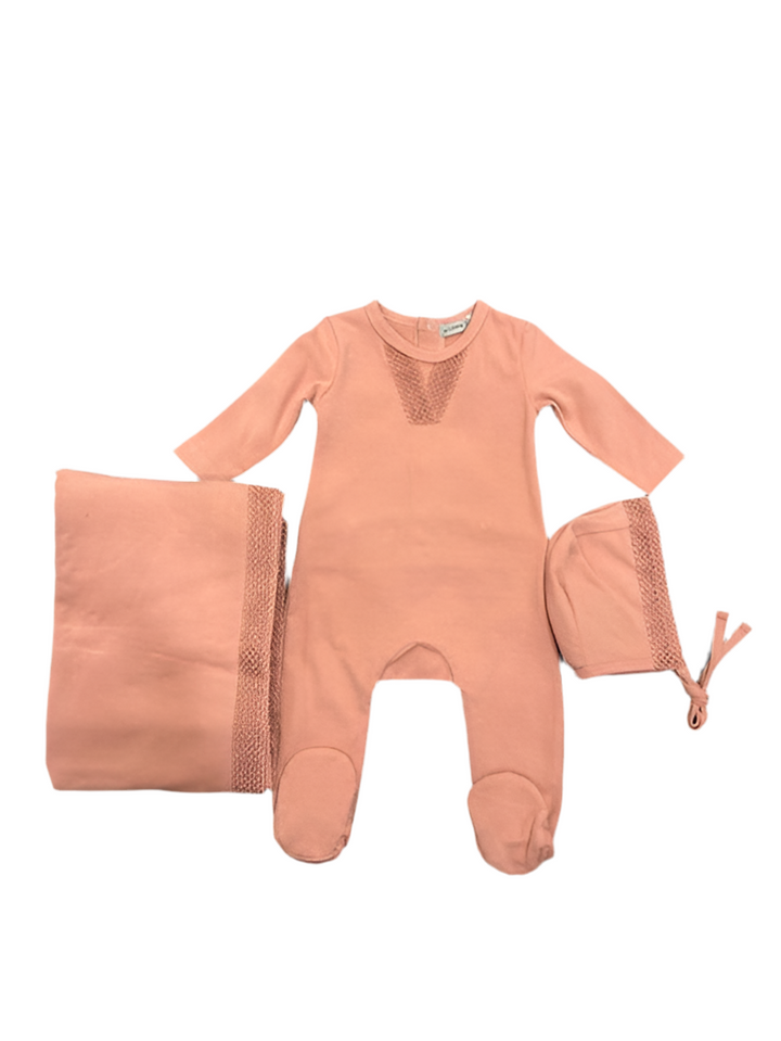 CROCHET TRIM FOOTIE BONNET BLANKET