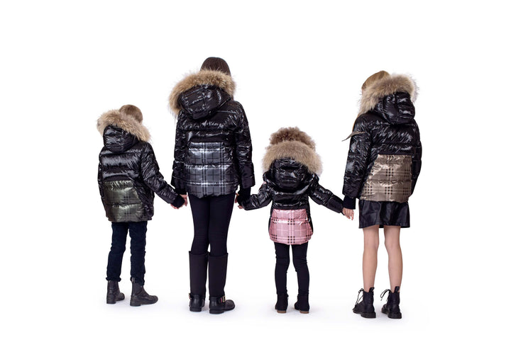 glimfy down coat with grey plaid for boys and girls unisex