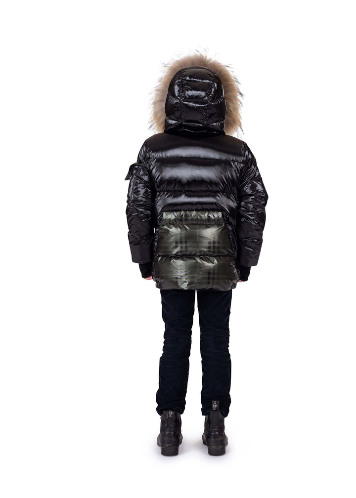 glimfy down coat with grey plaid for boys and girls unisex