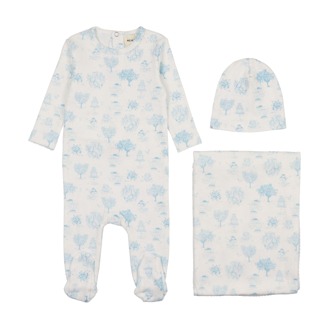 Mema Knits Blue Toile 3 Pc Layette Set