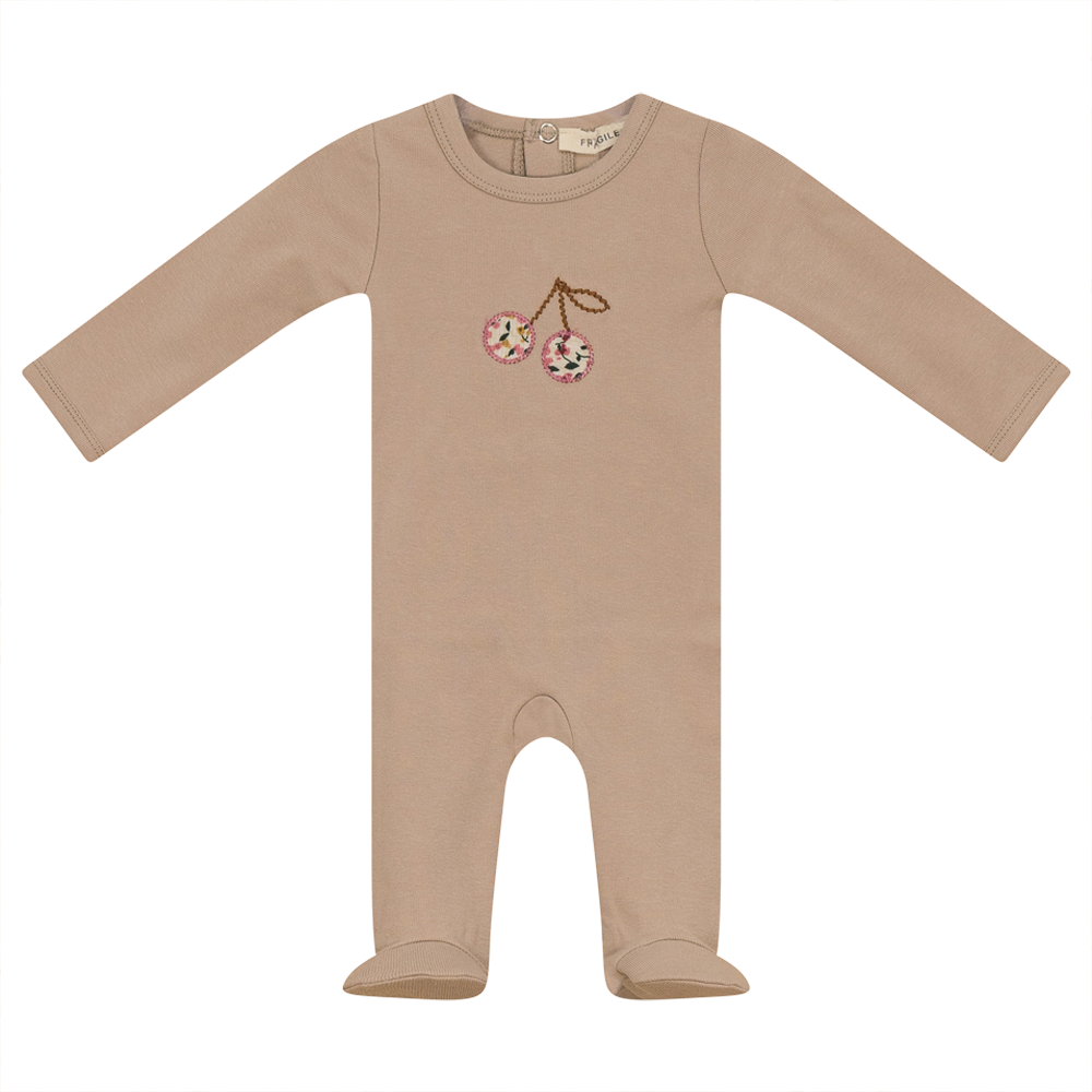 Fragile Oatmeal Cherry Applique Footie