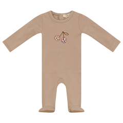 Fragile Oatmeal Cherry Applique Footie