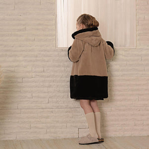GIRL’S FAUX FUR COAT - SAND/BLACK