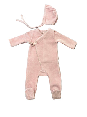 Little Lux Ribbed Picot Trim Velour Footie + Bonnet