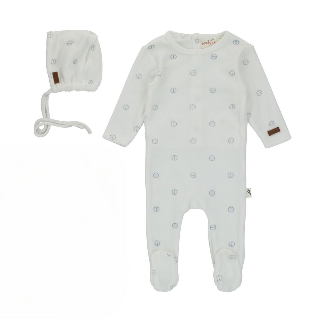 Bondoux Light Blue Rope Print Velour Footie + Bonnet