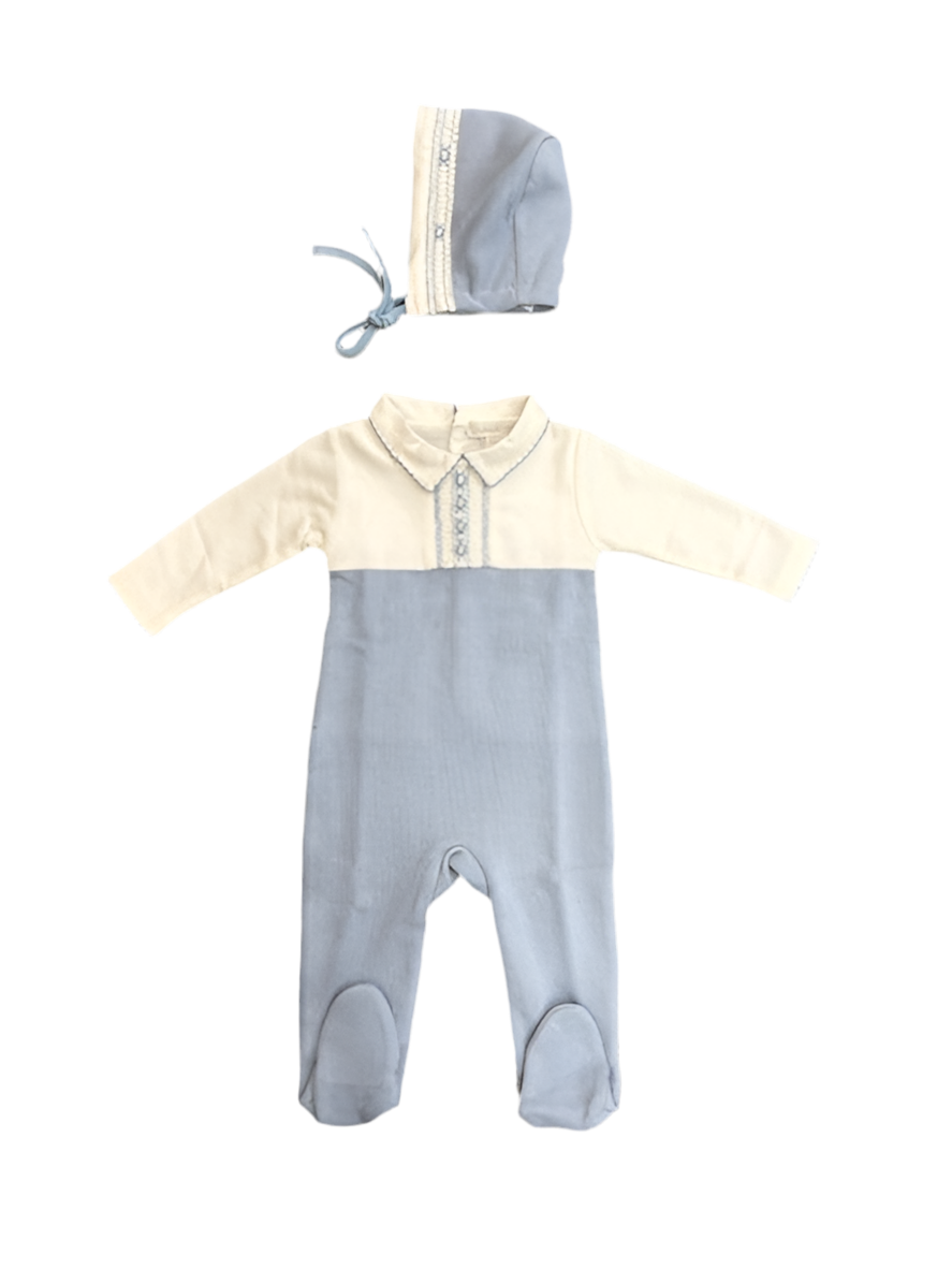 Chant de Joie Blue Footie with Smock + Bonnet