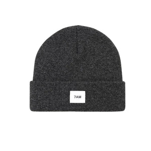 A flat-lay view of the 7AM Enfant beanie in heather black.