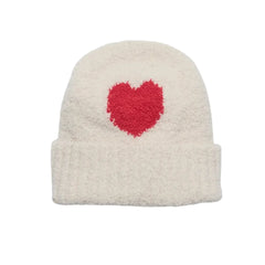 A flat-lay view of the 7AM Enfant hood bonnet in ecru and crimson.