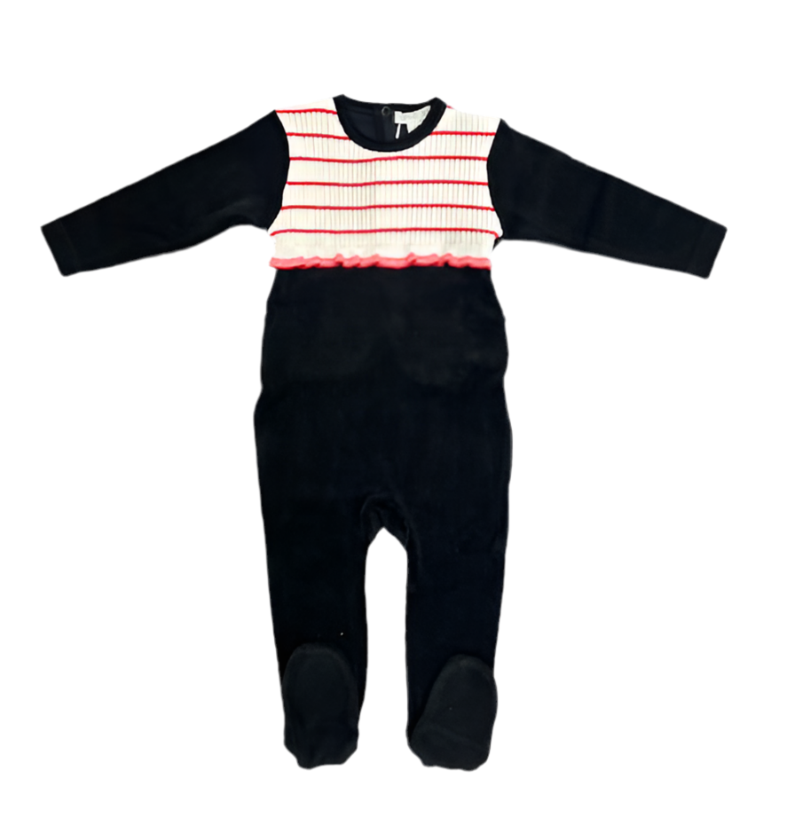 Chant de Joie Black/White Ruffle Red Line Velour Footie