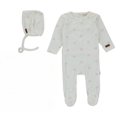 Bondoux Light Pink Rope Print Velour Footie + Bonnet