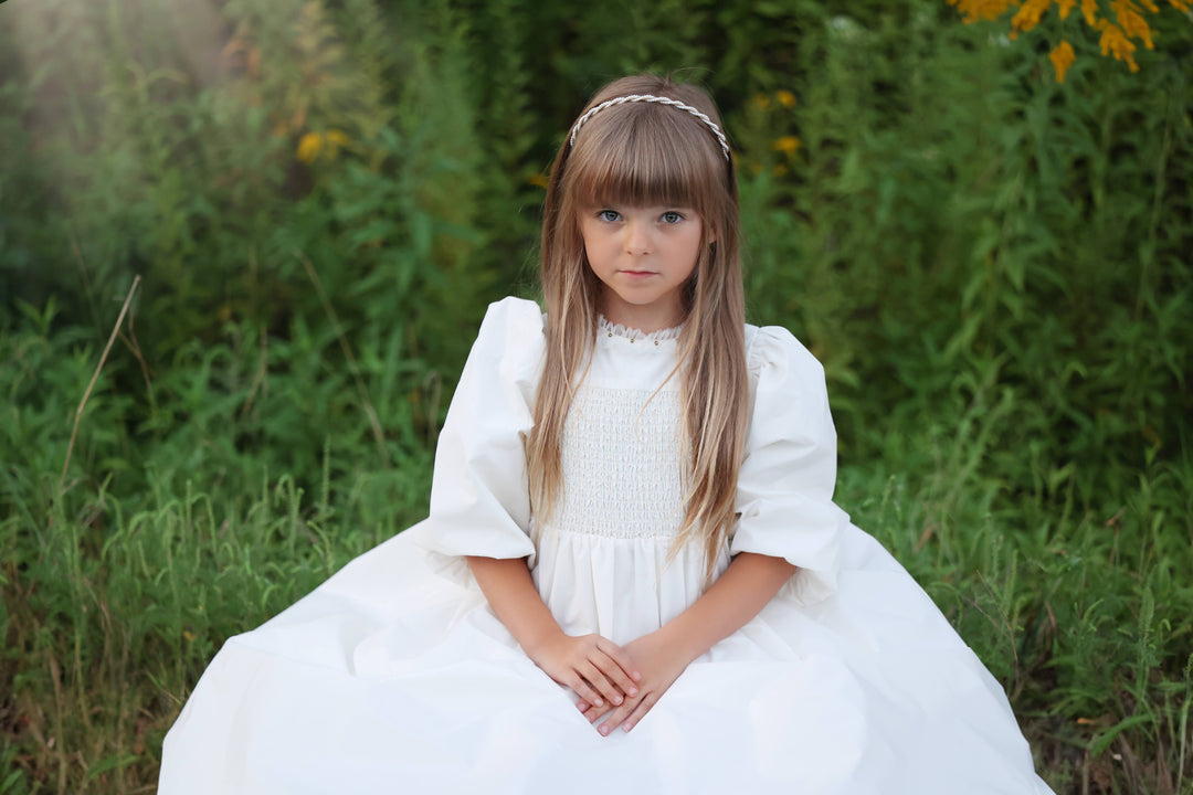 Little Tempest White Taffeta Smocked Gown