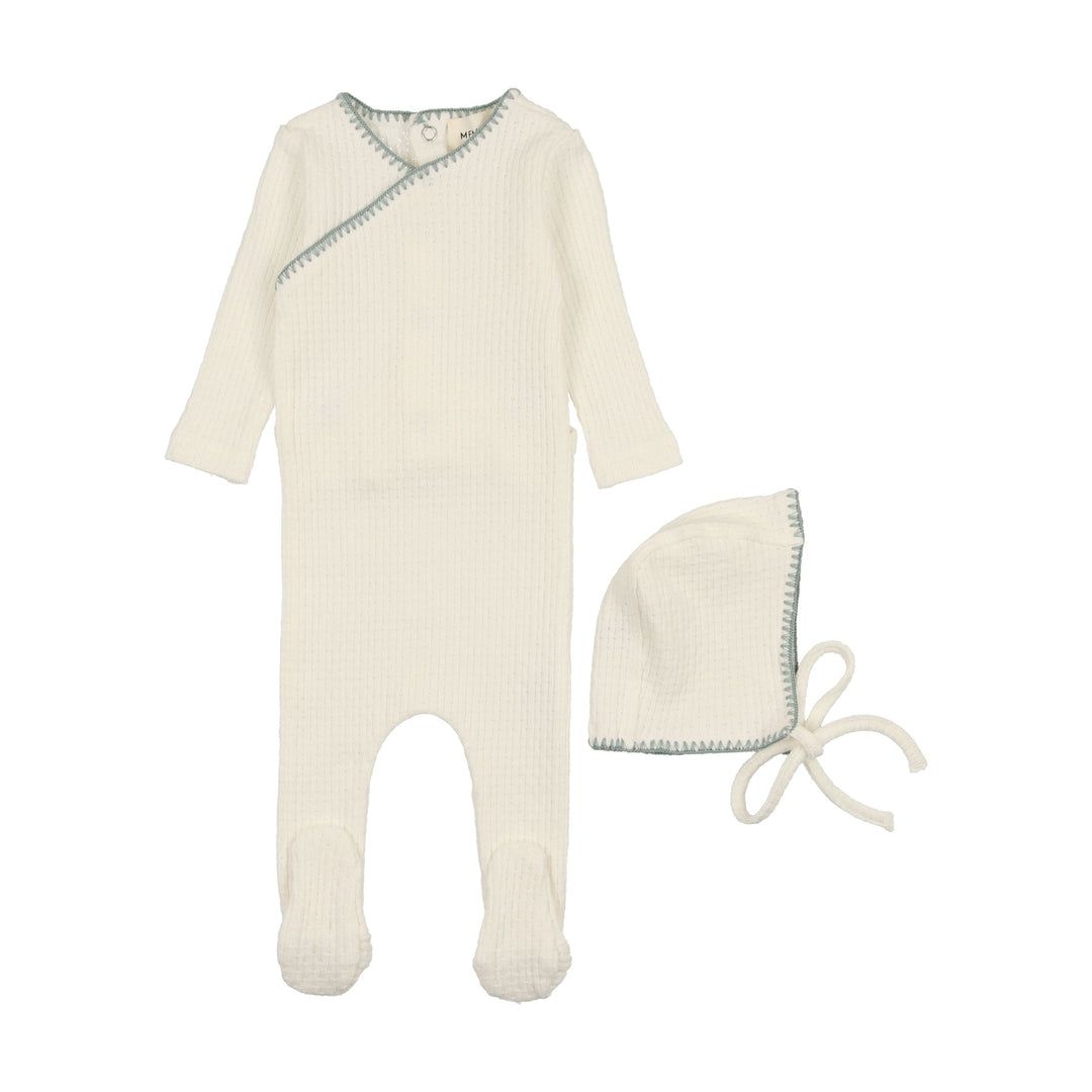 Mema Knits Cream & Powder Blue Stitch Textured Embroidery Edge Footie