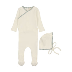 Mema Knits Cream & Powder Blue Stitch Textured Embroidery Edge Footie