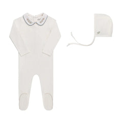 Ely's & Co Ivory/Blue Wide Rib Embroidered Collar Footie + Bonnet
