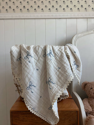 Dreamy Skies Baby - Blue Bows 6 Layer Gauze Blanket