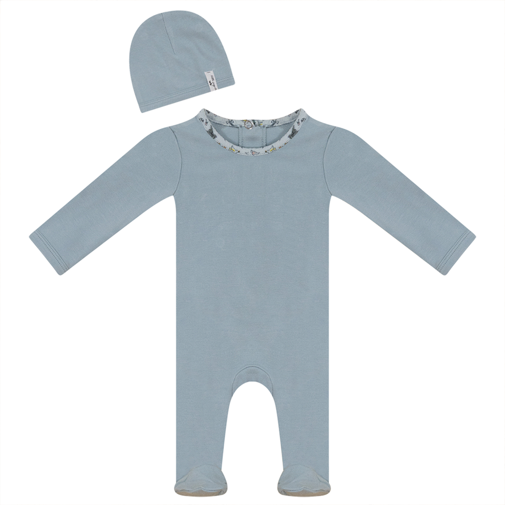 Little Fragile Blue Print Trim Footie with Hat