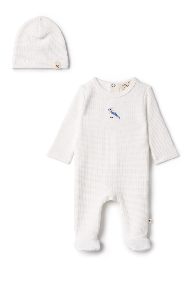 Bebe Bella White Checkered Bird Applique Footie + Beanie