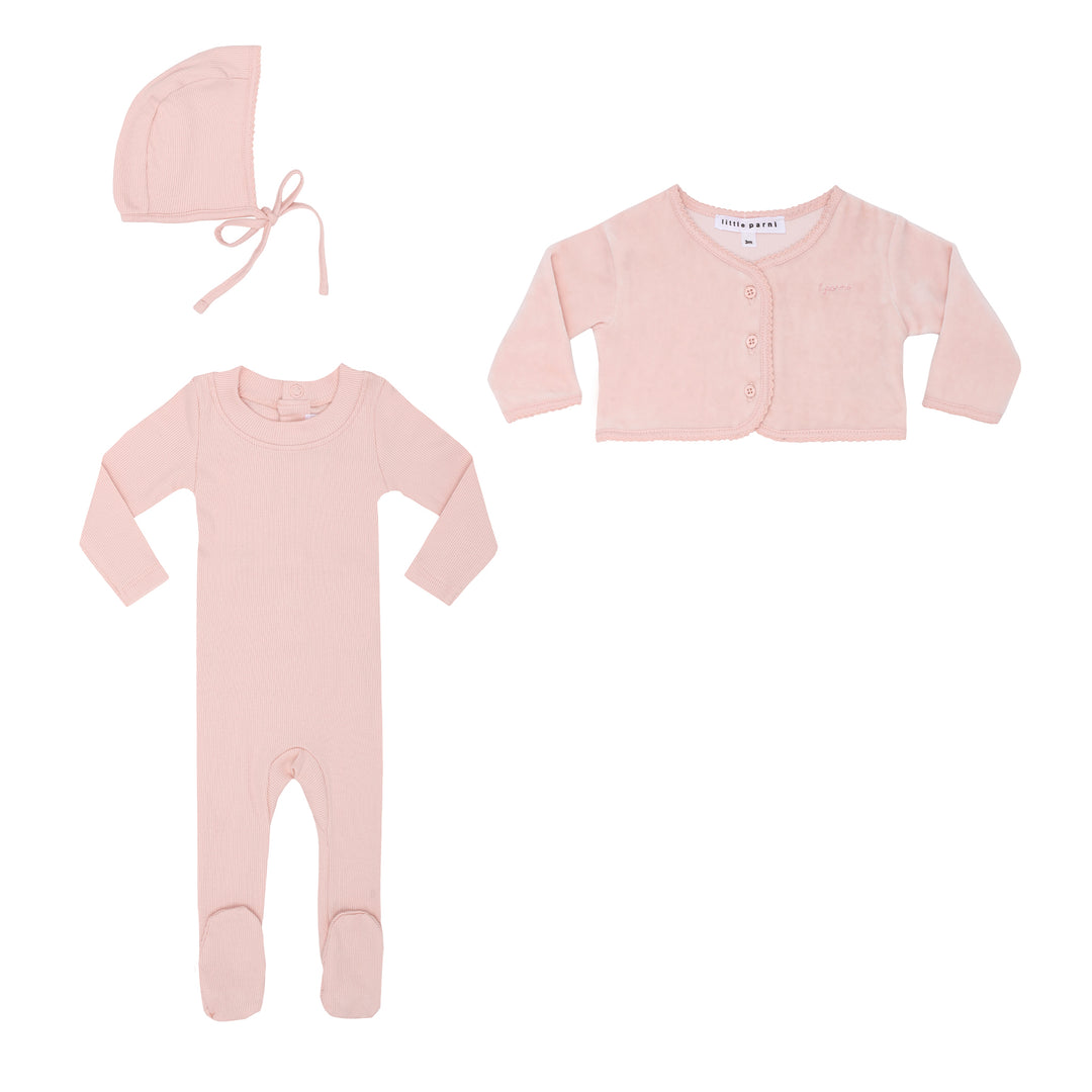 Parni Pink Baby Velour Cardigan Set + Bonnet Gift Box