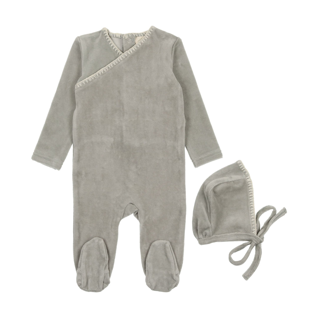 Mema Knits Powder Blue Velour Embroidered Footie