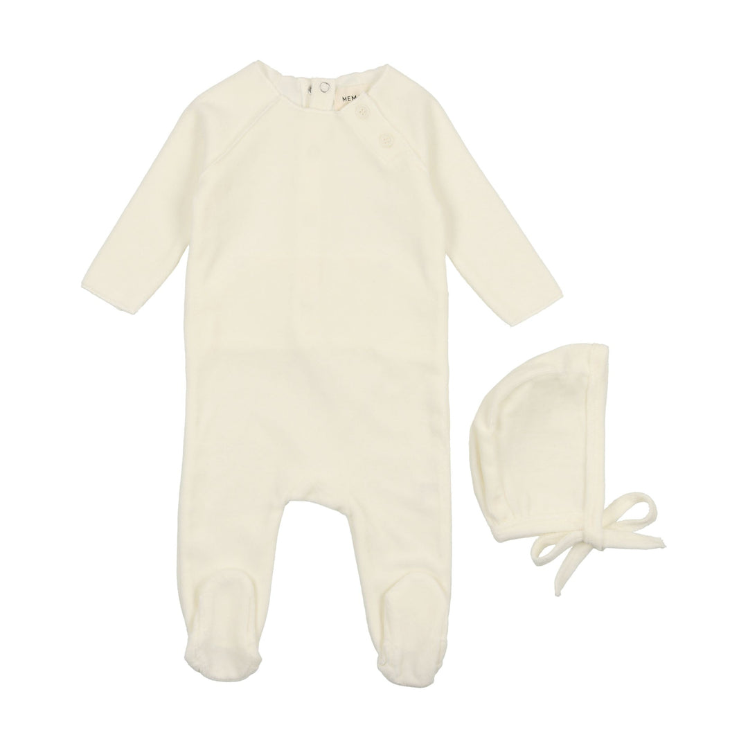 Mema Knits Cream Velour Button Footie + Bonnet