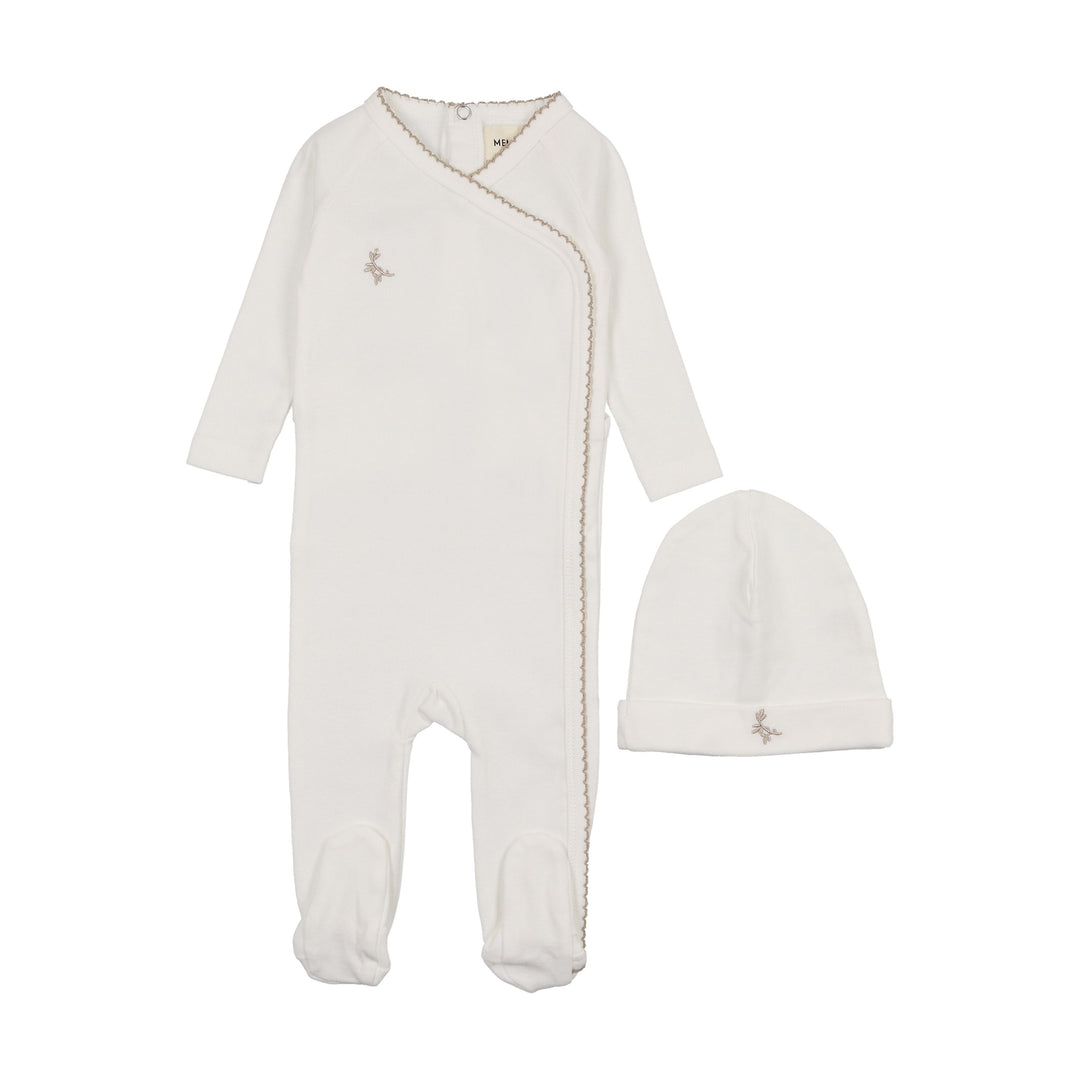 Mema Knits Taupe Embroidered Picot Edge Footie + Beanie