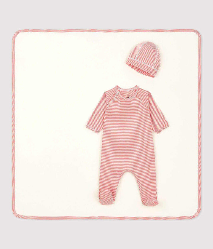 Petit Bateau Baby Gift Set Iconic Rib Footie(Sleepsuit) , Hat(Bonnet) & Blanket (Pink)