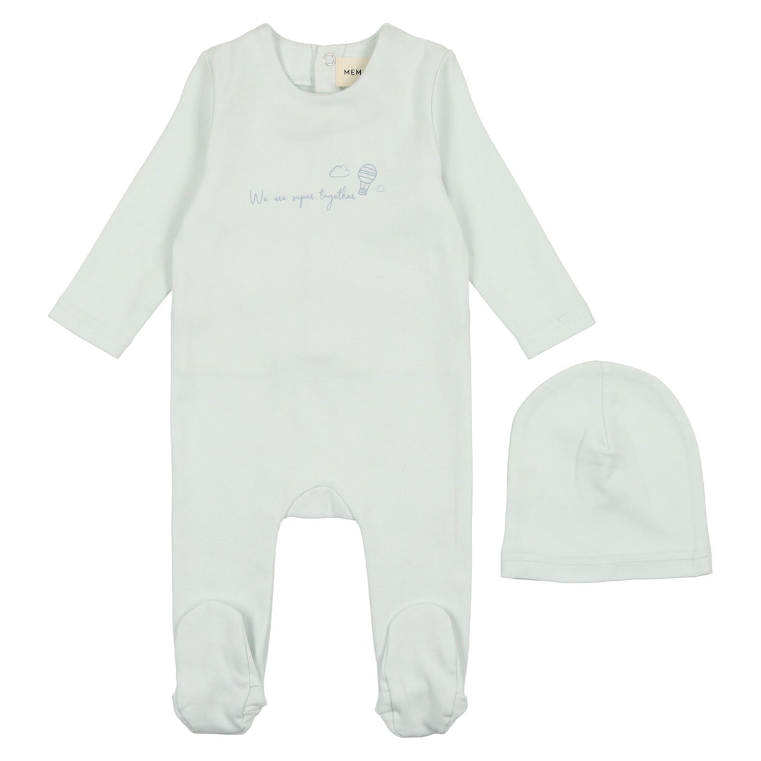 Mema Knits Powder Blue Worded Footie + Beanie