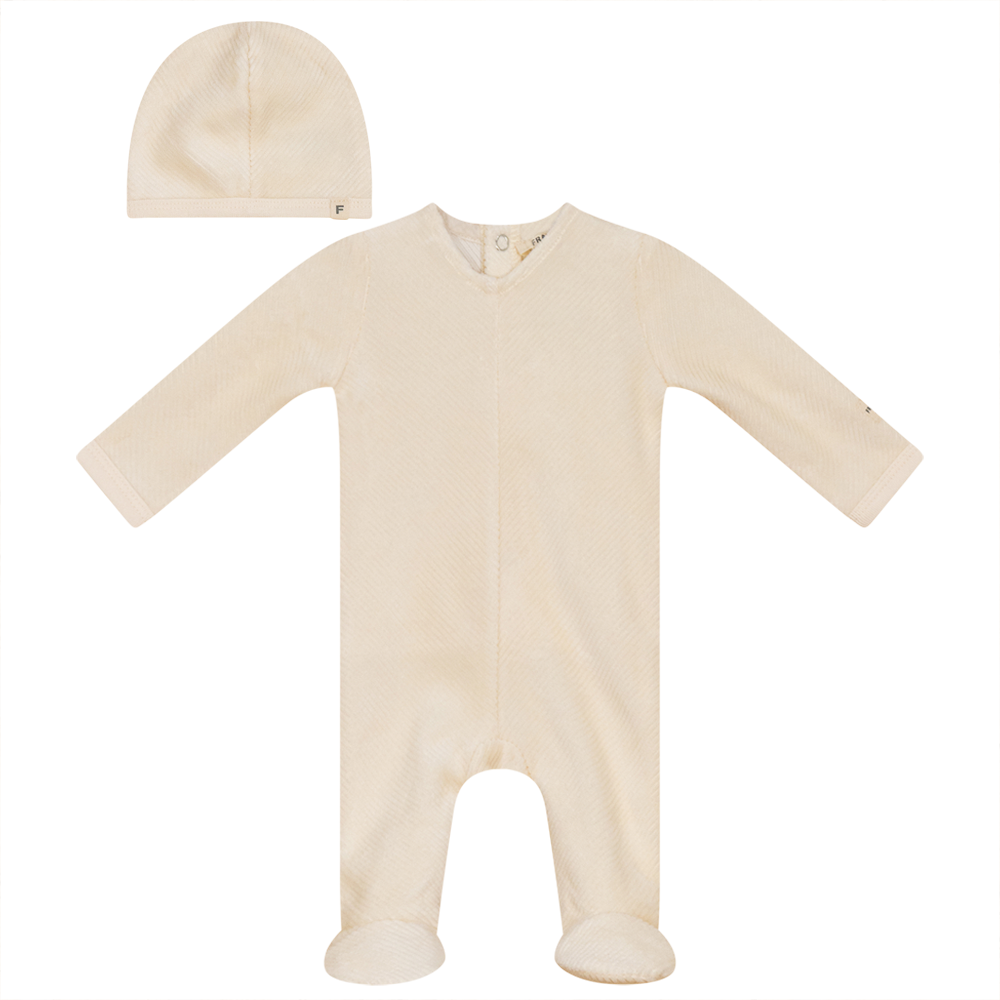 Fragile Bebe Off White Rib Velour Footie with Hat