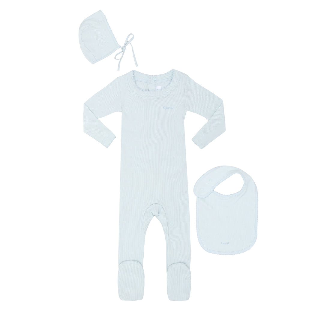 Parni Light Blue Ribbed Pico Footie + Bib Gift Box