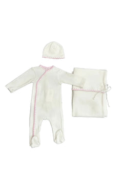 Latte Baby 3pc Ivory-Pink Embroidered Onesie+Beanie+Blanket
