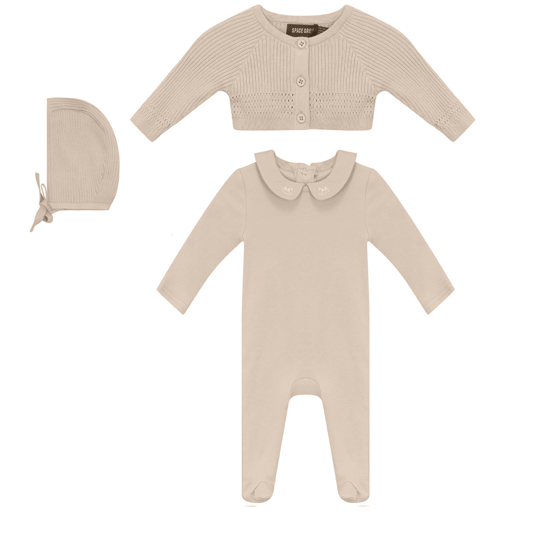 Space Grey Dark Almond Footie with Cardigan 3 Pc Set