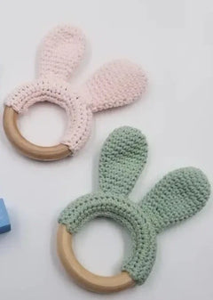 Wooden Crochet Bunny Baby Rattle