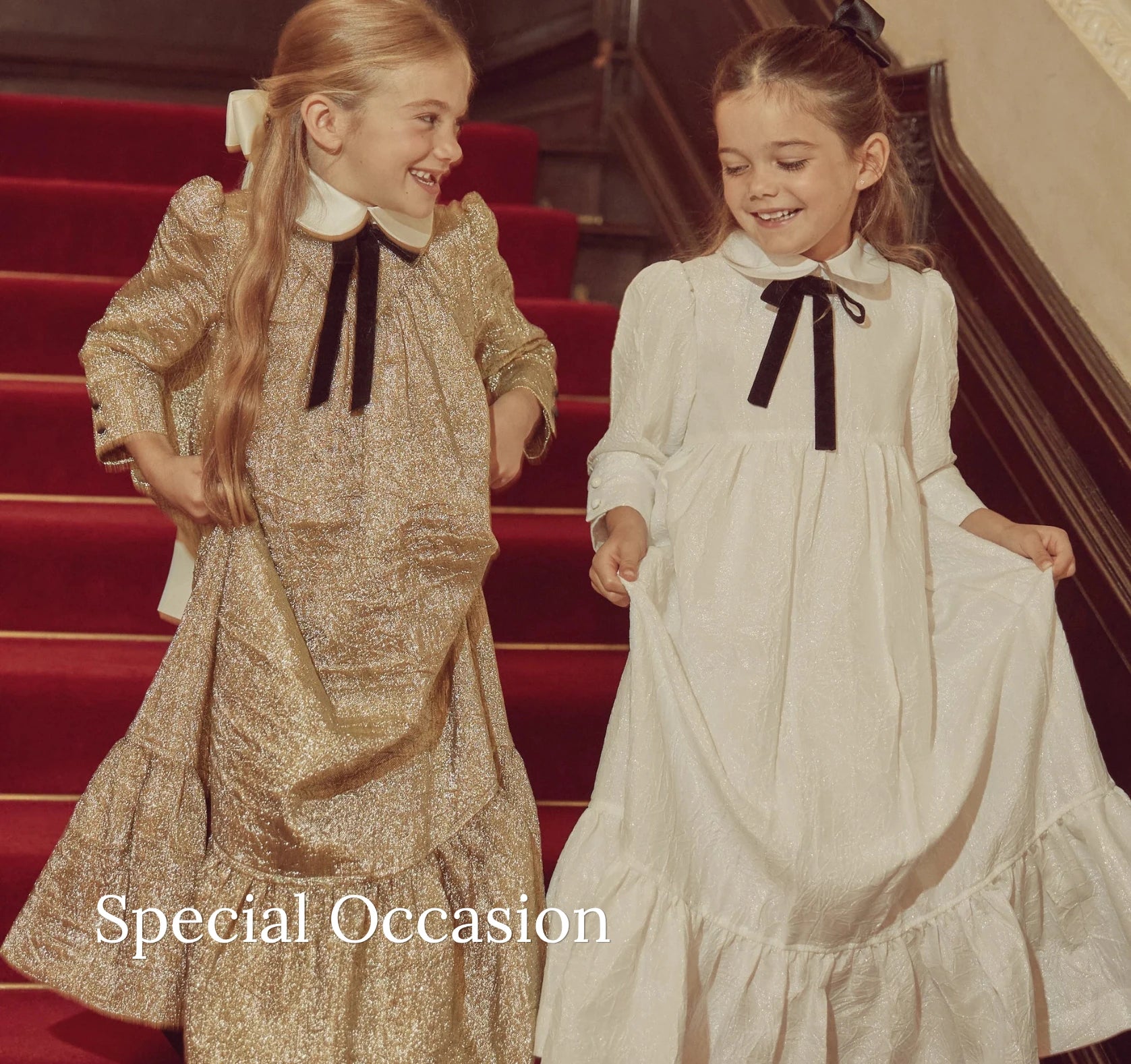 Two young girls in formal dresses standing on a red staircase with 'Special Occasion' text.