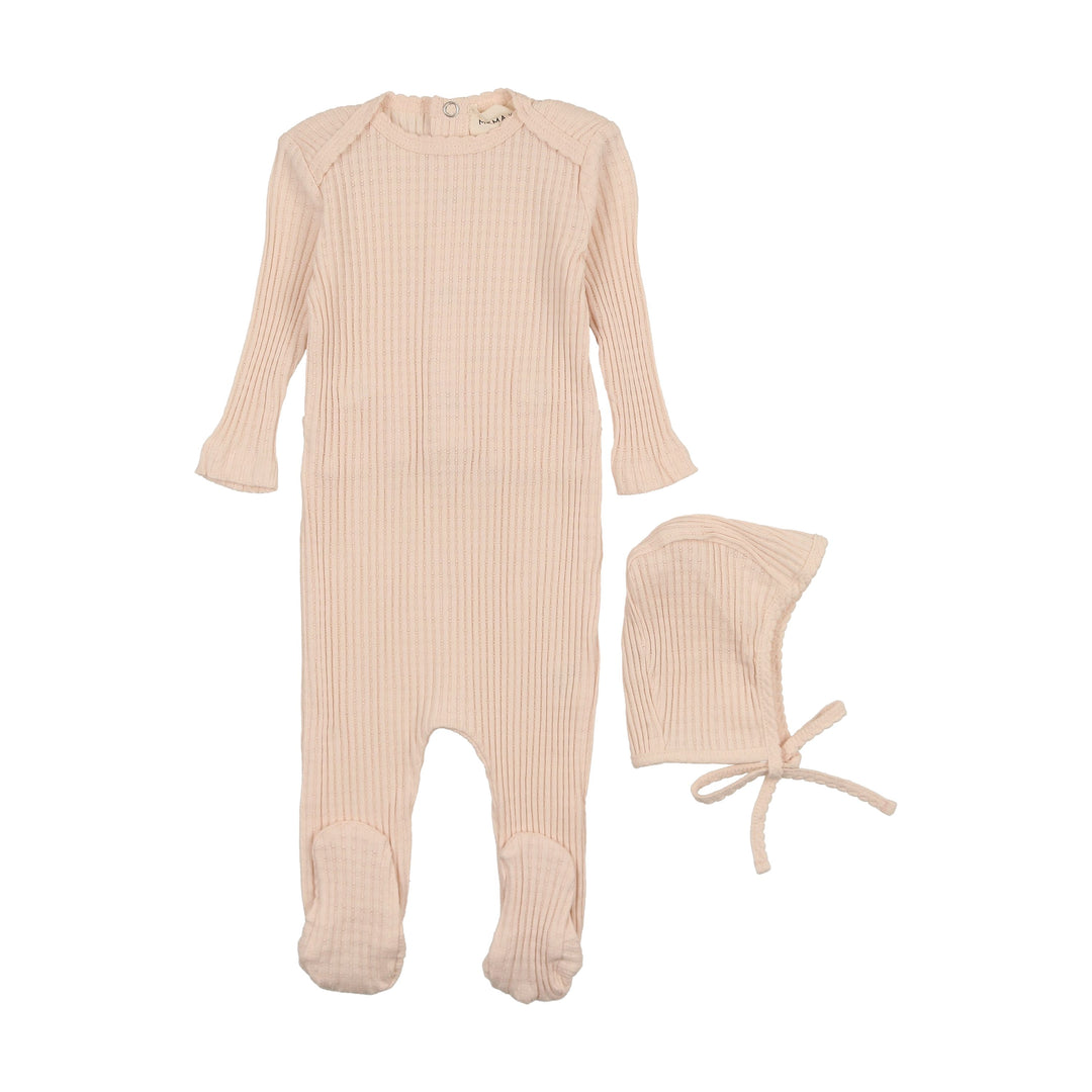 Mema Knits Peach Dust Picot Edge Textured Footie + Bonnet