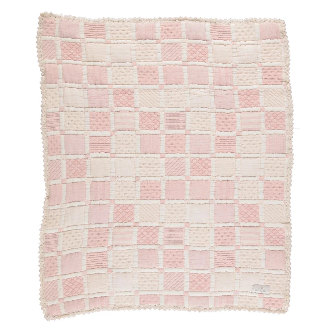 Bebe Organic Mai Patchwork Organic Cotton and Linen Heirloom Baby Blanket Boutique Designer Nursery Throw Dusty Rose
