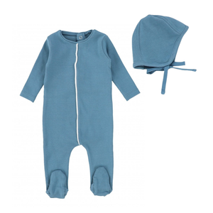 Bee and Dee Baby Teal and White Contrast Piping Footie and Bonnet Set Boutique Newborn Toddler Designer Soft Cotton Sleeper