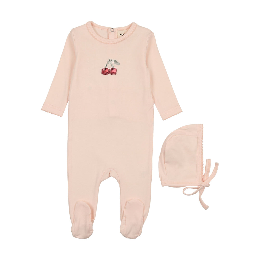 Mema Knits Soft Pink Embroidered Cherry Footie + Bonnet