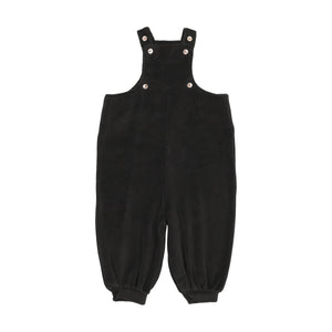 Black overalls with button straps on a white background