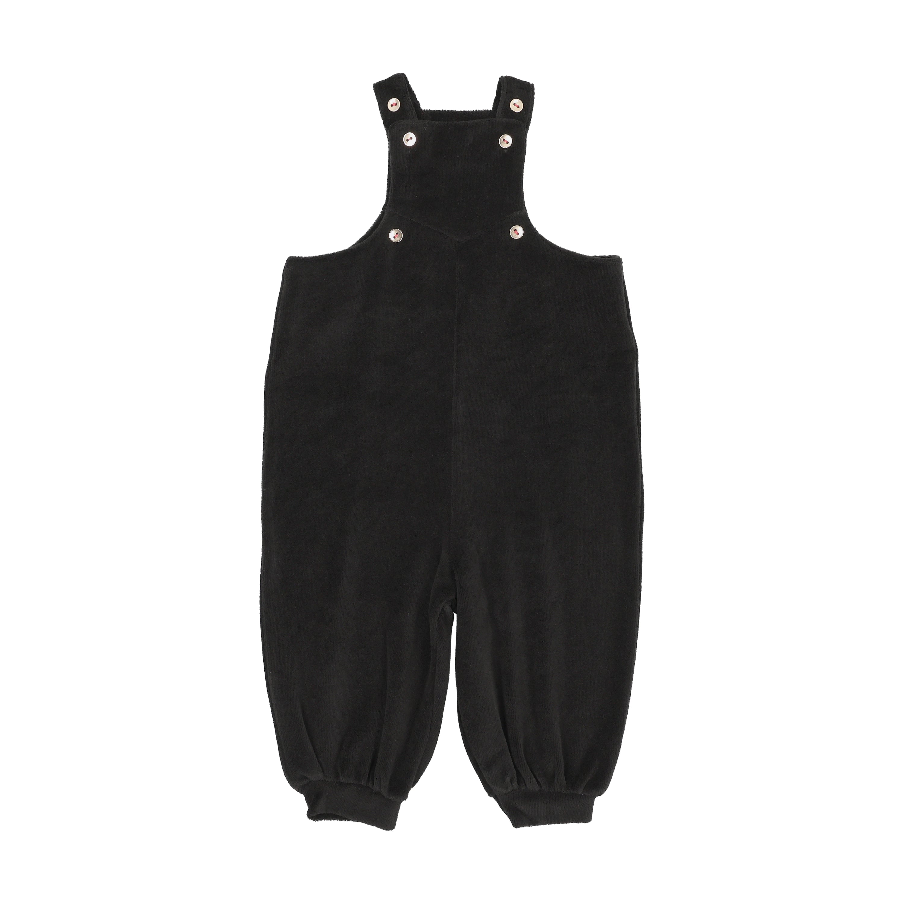 Black overalls with button straps on a white background