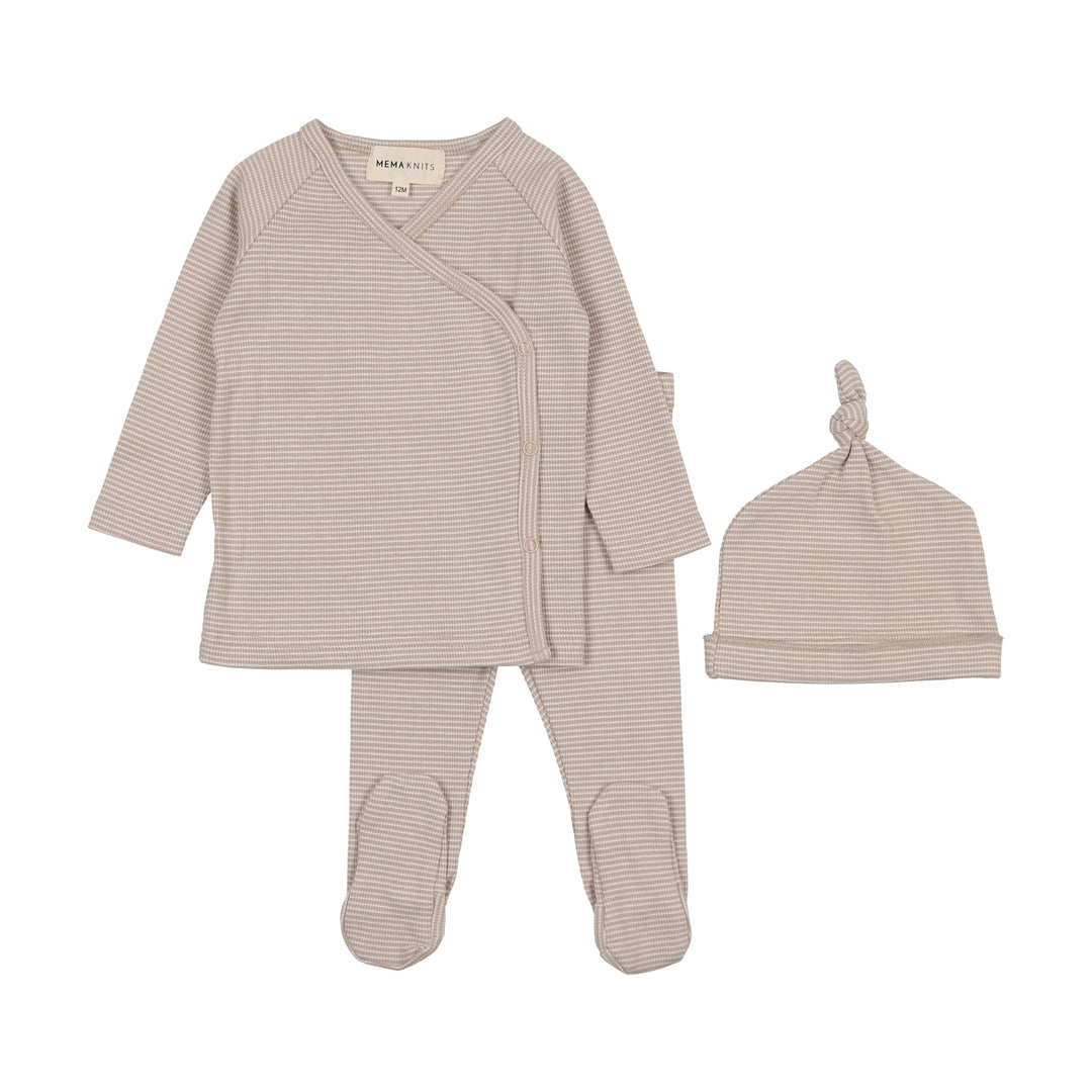 Mema Knits Taupe Striped 2 Pc Wrap Set + Beanie