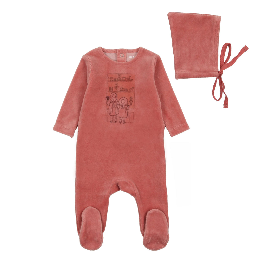 Bee & Dee Dark Rose Velour Window Footie + Bonnet