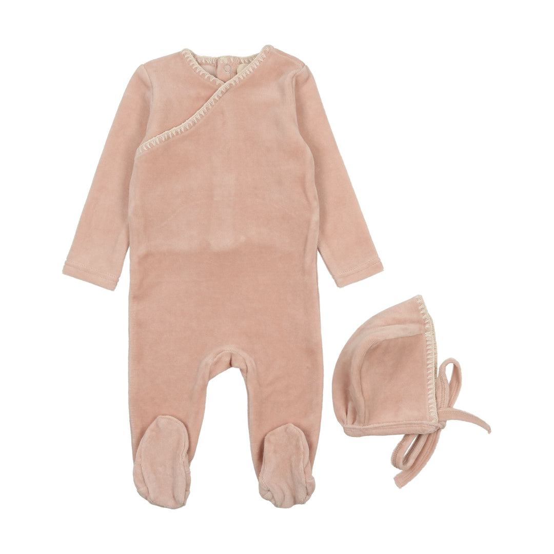 Mema Knits Pale Pink Velour Embroidered Footie