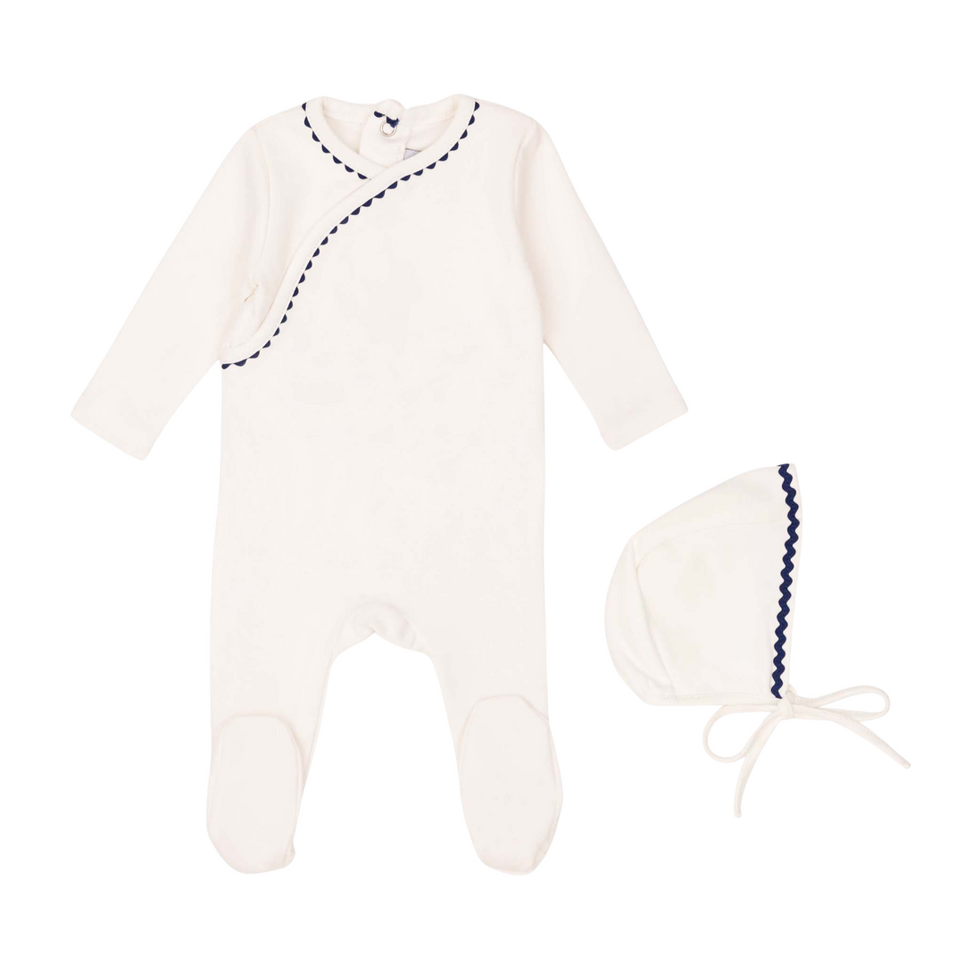 Mini Label | Classic Ric Rac Footie & Hat Set - White/Blue