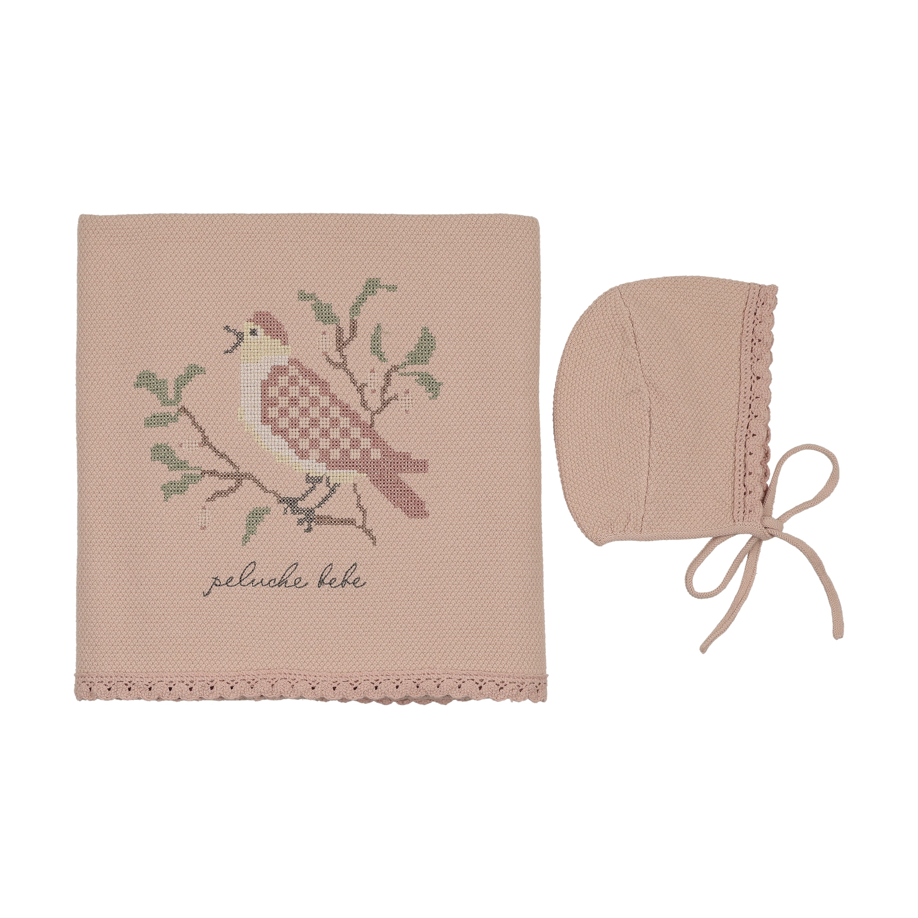 Peluche Bebe - Knit Cross Stitch Blanket and Bonnet