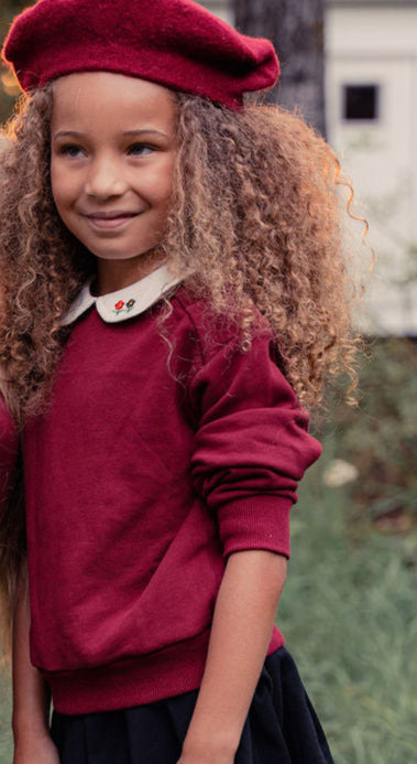 Mini Nod Girls Wine Embroidered Collar Sweatshirt