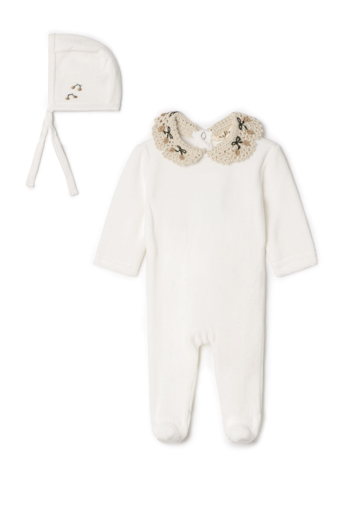 Lola Off White Crochet Collar Velour Footie Set