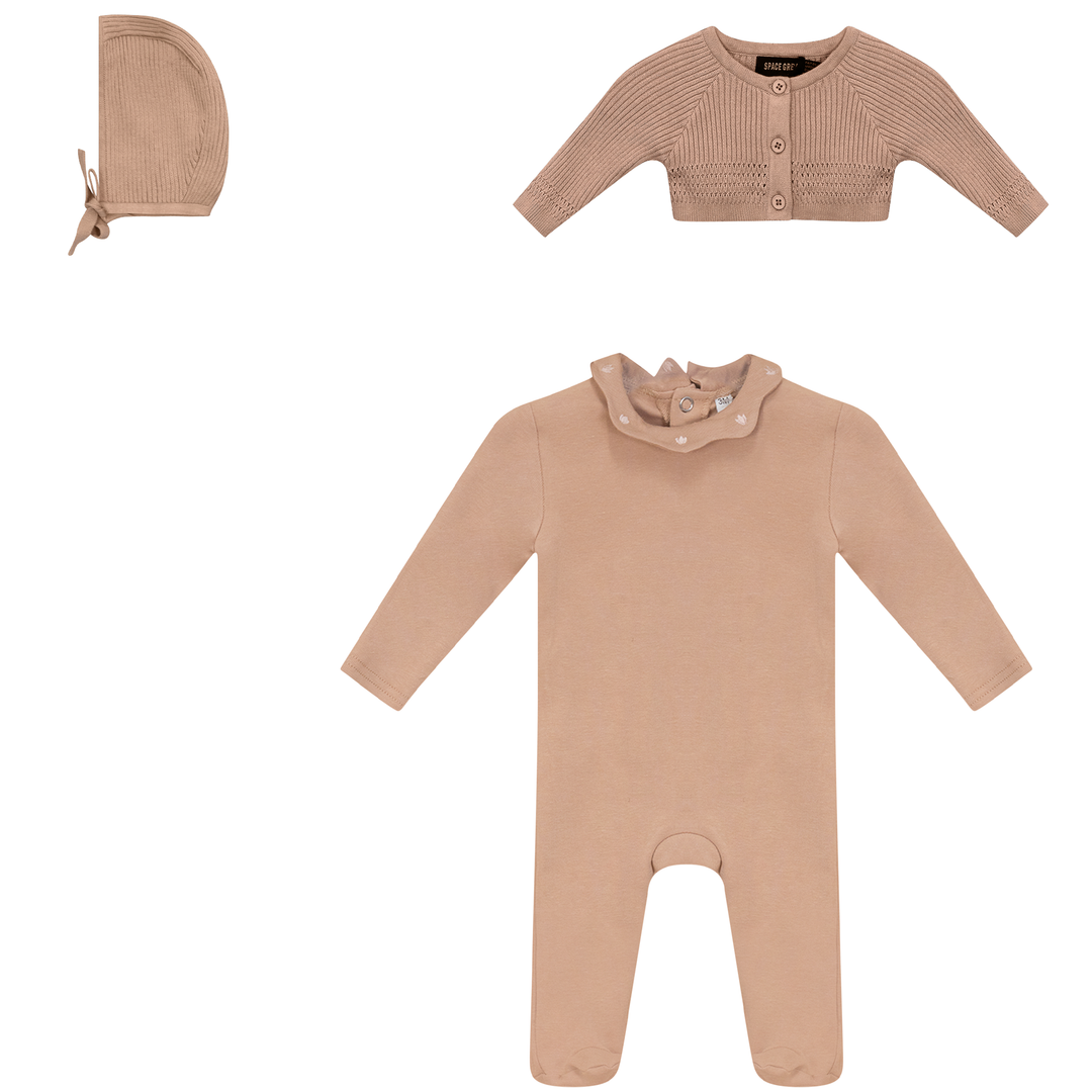 Space Grey Maple Sugar Footie with Cardigan 3 Pc Set