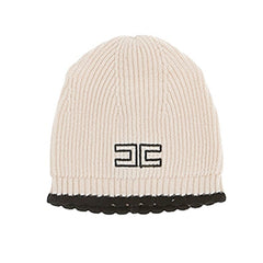 Beige knit beanie with black logo on a white background