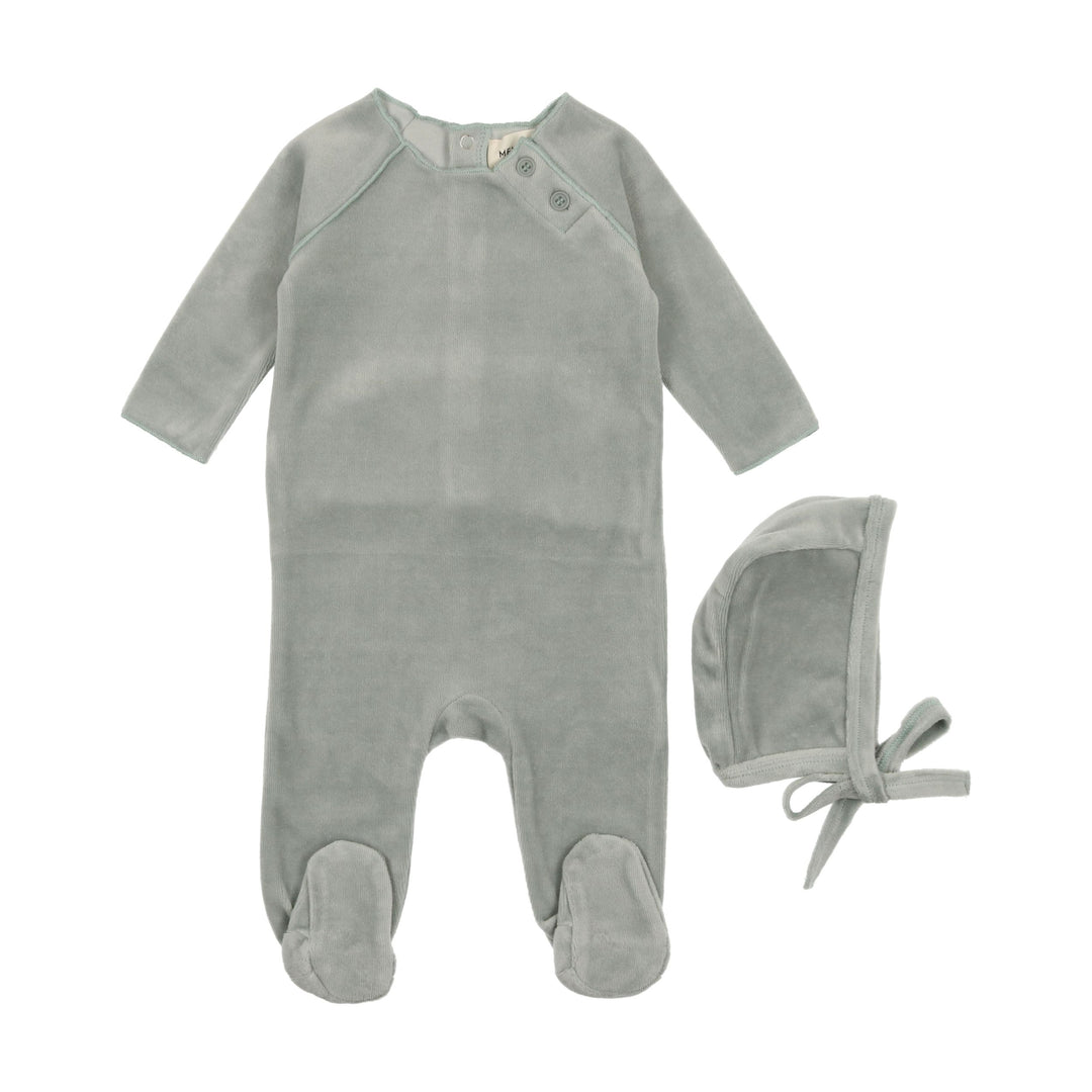 Mema Knits Powder Blue Velour Button Footie + Bonnet